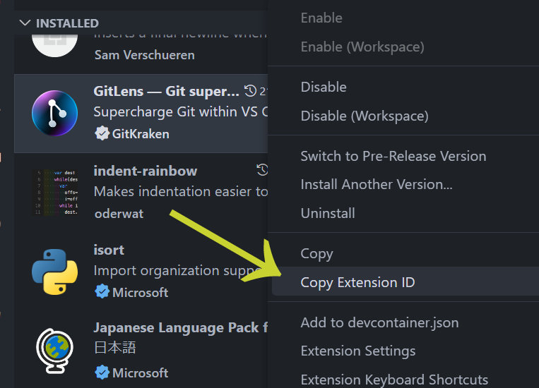 how to copy extension ID on VSCode