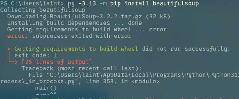 Pythonでpip install時にエラー「Getting requirements to build wheel did not run ...