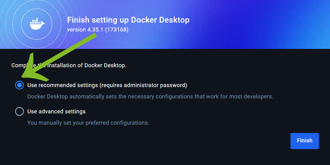 Dokcer Desktop install and settings