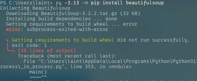 Python pip erro Getting requirements to build wheel did not run successfully